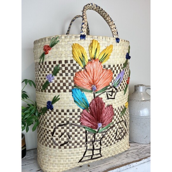 Vintage 1980’s Large Straw Raffia Floral Print Palm Beach Tote / Island / Cruise - Picture 2 of 11